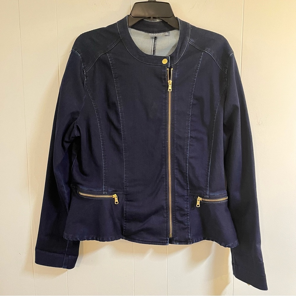 Dark navy blue jean denim peplum jacket NYC New York & Company w gold zippers